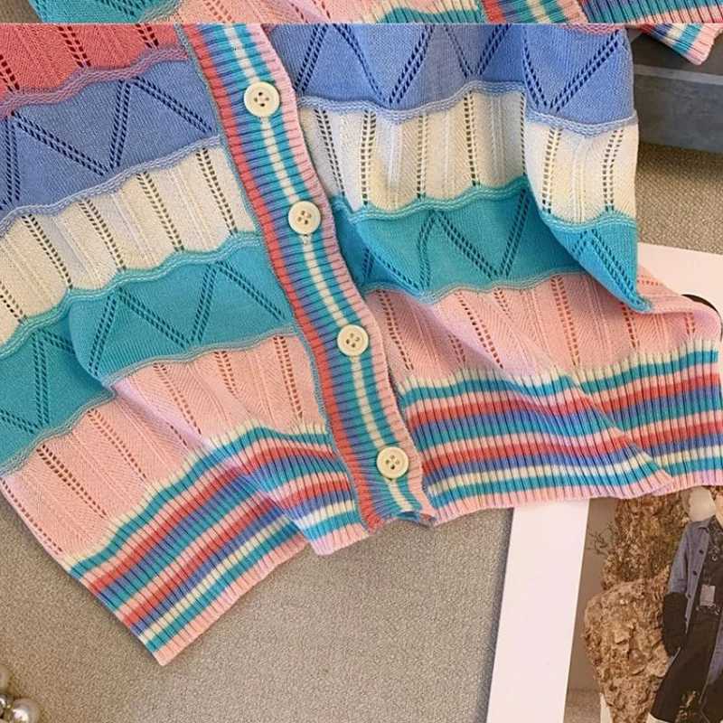 2025 New Vintage Striped Multicolor Short Sleeve Cardigan Summer Hollow Out Knitting Temperament Trend Sexy V-neck T-shirts Tops X250724