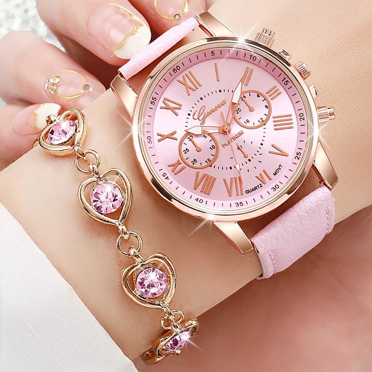 5PCS/Set Fashion Women Watch Rhinestone Heart Jewelry Set Geneva Watch Casual Leather Band Quartz Wristwatch (Without Box) W250724