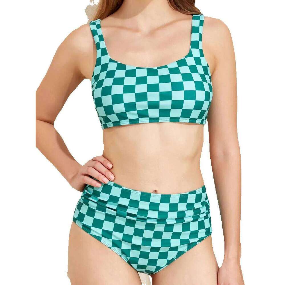 Plaid Prinded Sport Bikini Set High Waist Swimsuit 2025 Women Padded Sexy Swimwear Female Swimming Bathing Suit Beachwear Summer