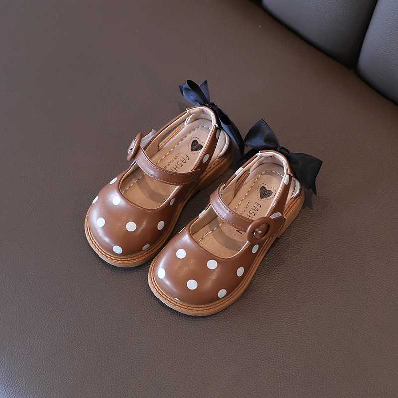 Toddler Girls Mary Janes Elegant Back Bowtie Beige Khaki Four Season Children Leather Shoes 21-30 Polka Dot Light Kids Shoes XJ250724