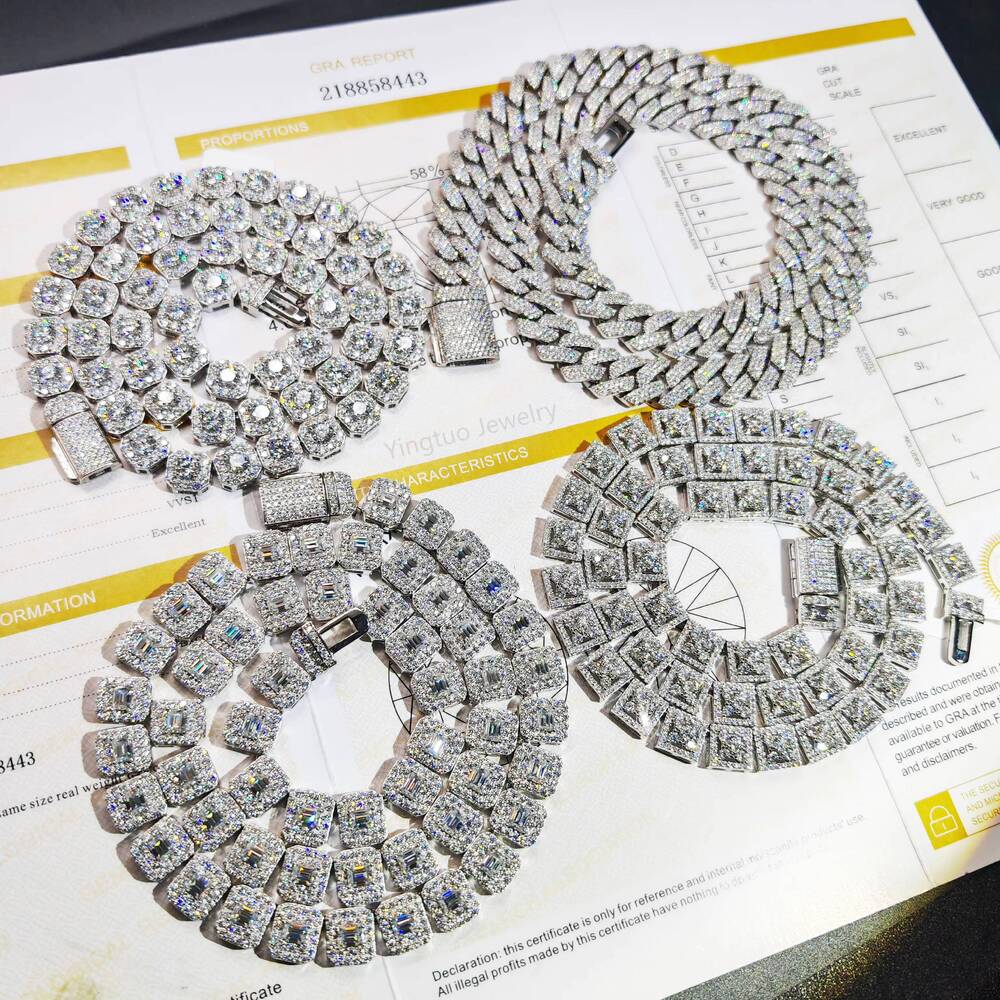 Yingtuo Jewelry Hip Hop Iced Out Fine Jewelry S925 Silver Vvs Moissanite Tennis Chain Necklace Bracelet