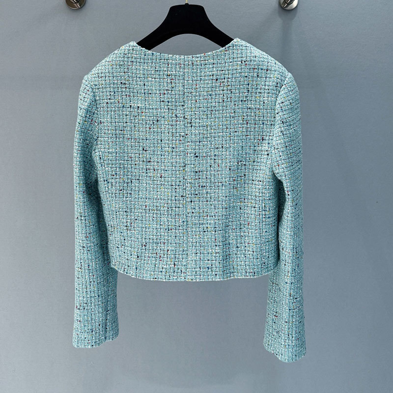 Ladies Peacock Green Tweed Round Neck Jacket Designer Wool Blend Blazer Single-Breasted Y2K Shoulder Pad Clothes S0757
