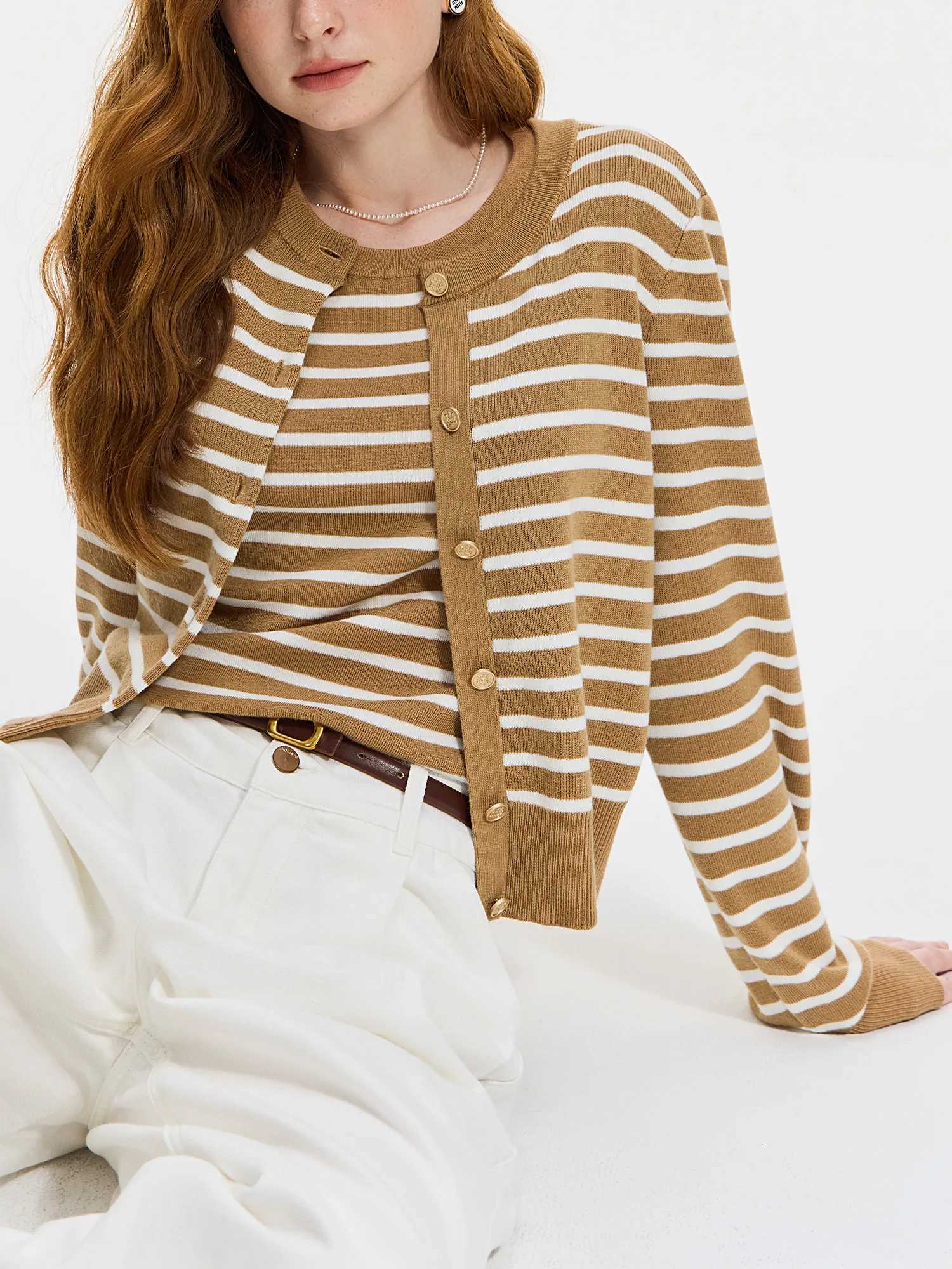 FSLE Striped Knit Cardigan Jacket Vest For Women 2024 Fall Winter New Sweater Undershirt Two-Piece Coat Set 24FS14105 24FS14232 X250724