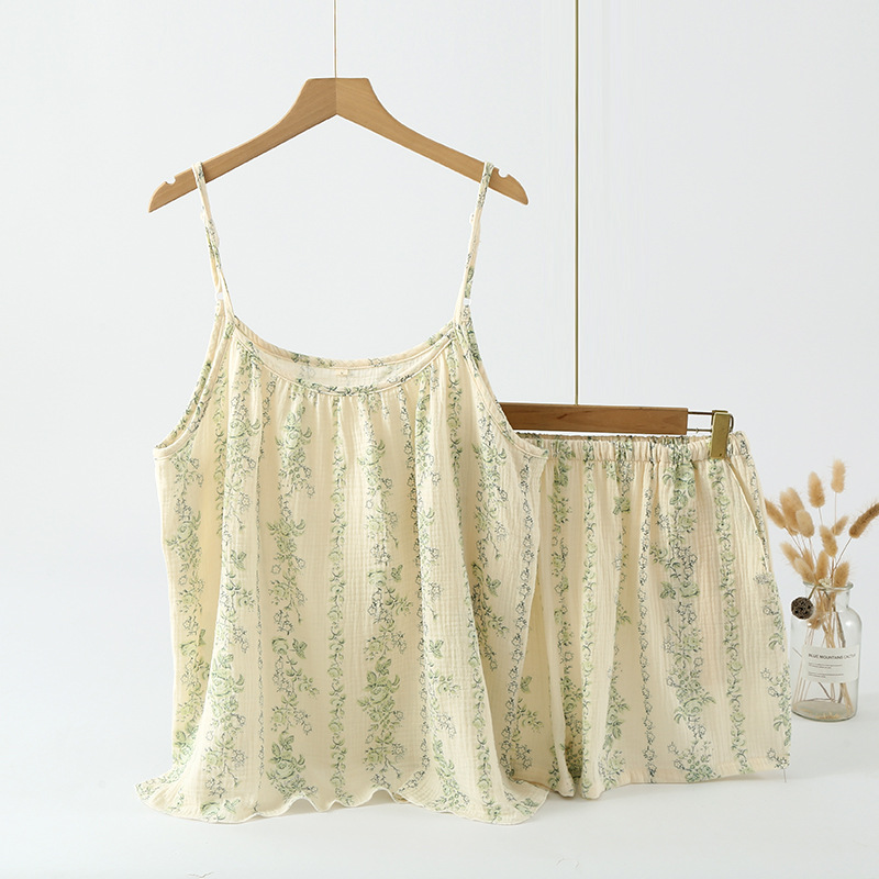 B986-Cotton yarn printed multi-color ladies summer suspenders short-sleeved shorts suit home clothes pajamas