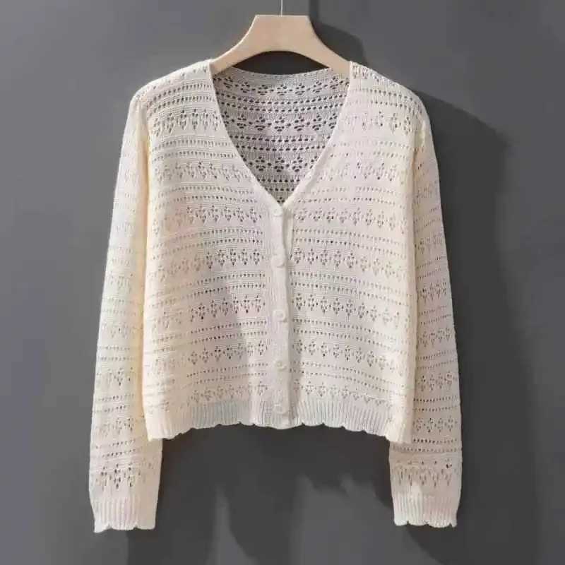 2025 Summer Womens Hollow Out Sunscreen Cardigan Fashion Long Sleeve Thin Tops Female Solid Single Breasted Knit Sweater X250724
