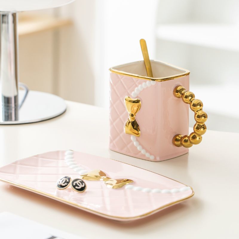 Designer Luxury 350ML Pearl Bow Bag Cup Coffee Cup Milk Cup Dish Set Home Office Afternoon Tea Ceramic Water Cup