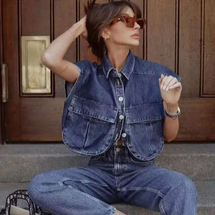 TRAFZA Style Vest Sleeveless Large Collar Denim Jacket B5