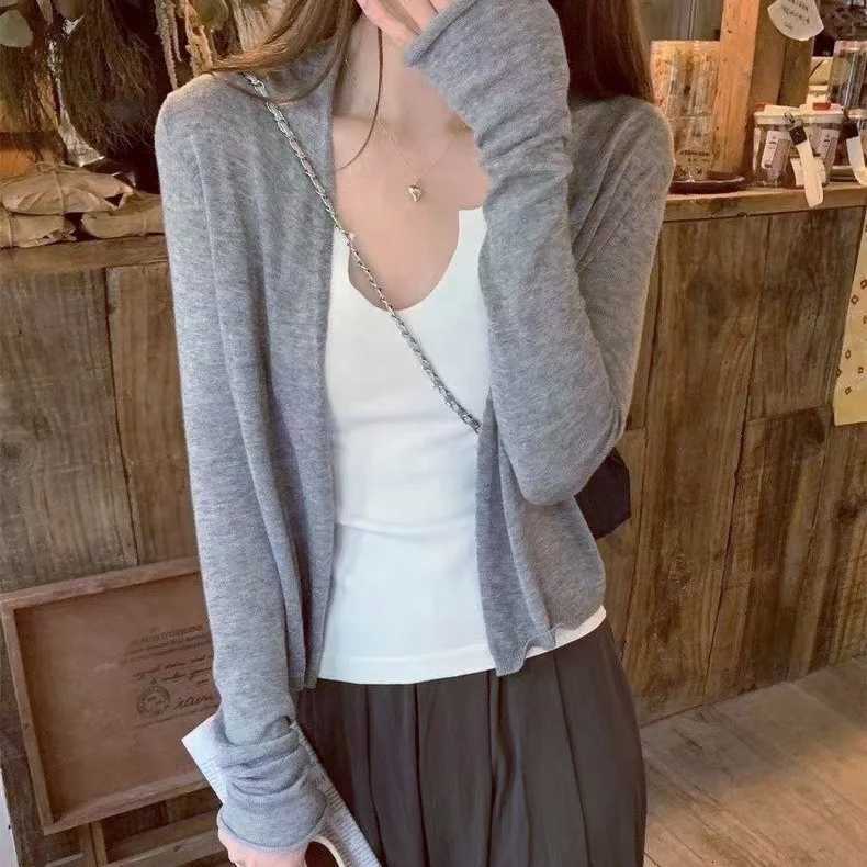 Korean Style Womens Fling Knitted Cardigan Summer Thin Air Conditioning Shirt Versatile Solid Color Basic Sun Protection Jacket X250724