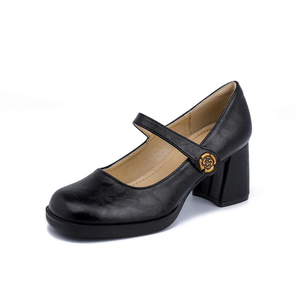 2025 High Heels for Women, Chunky Heel, High-End French Style Single Shoes, Camellia Waterproof Platform, Comfortable Soft Sole Women's Shoes