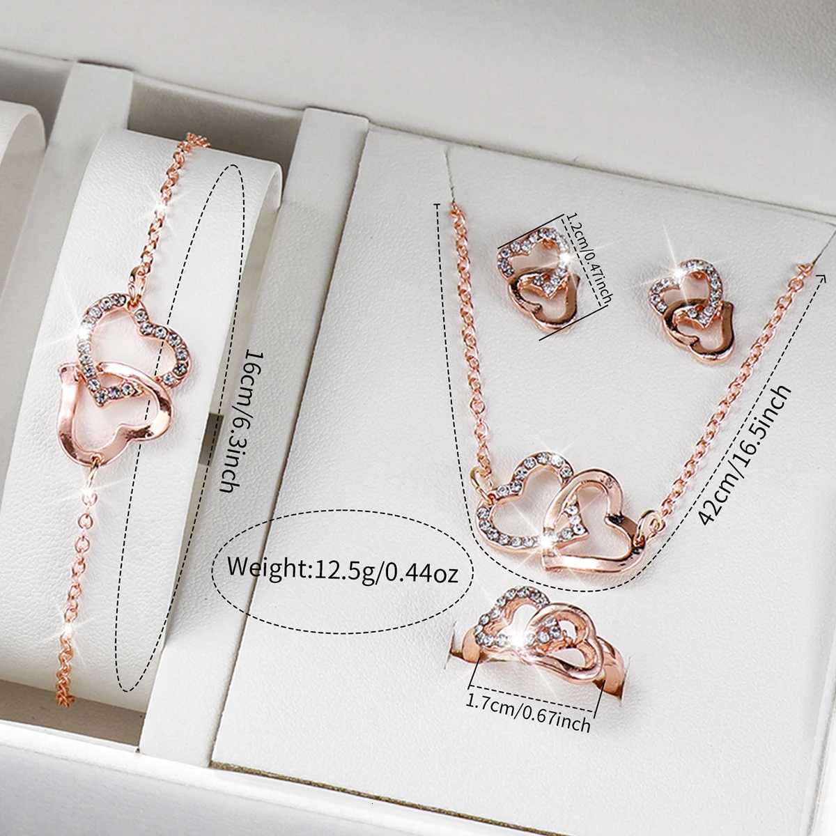 6pcs/set Women Leather Band Quartz Watch and Lover Heart Rose Gold Color Jewelry Set W250724