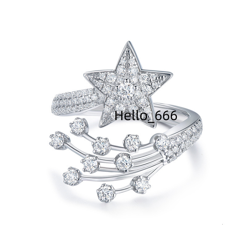 Fashion Designer Jewelry Shooting Star Ring S925 Sterling Silver Full Diamond Moissanite Five-pointed Star Open Ring for Women