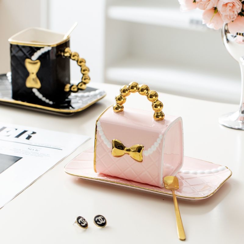 Designer Luxury 350ML Pearl Bow Bag Cup Coffee Cup Milk Cup Dish Set Home Office Afternoon Tea Ceramic Water Cup