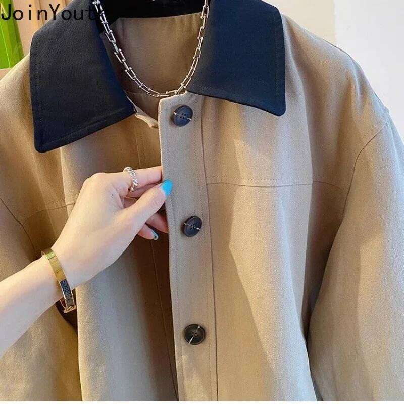 Korean Clothing Fashion Jackets for Women's Contrast Color Turndown Collar Vintage Outwear Casual Oversized Coats Tops Female
