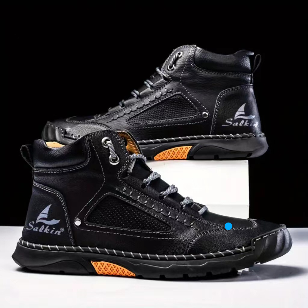 Large Size PU Leather Men's Fashion Hand-stitched Ankle Boots Flat Lace-up Casual Shoes