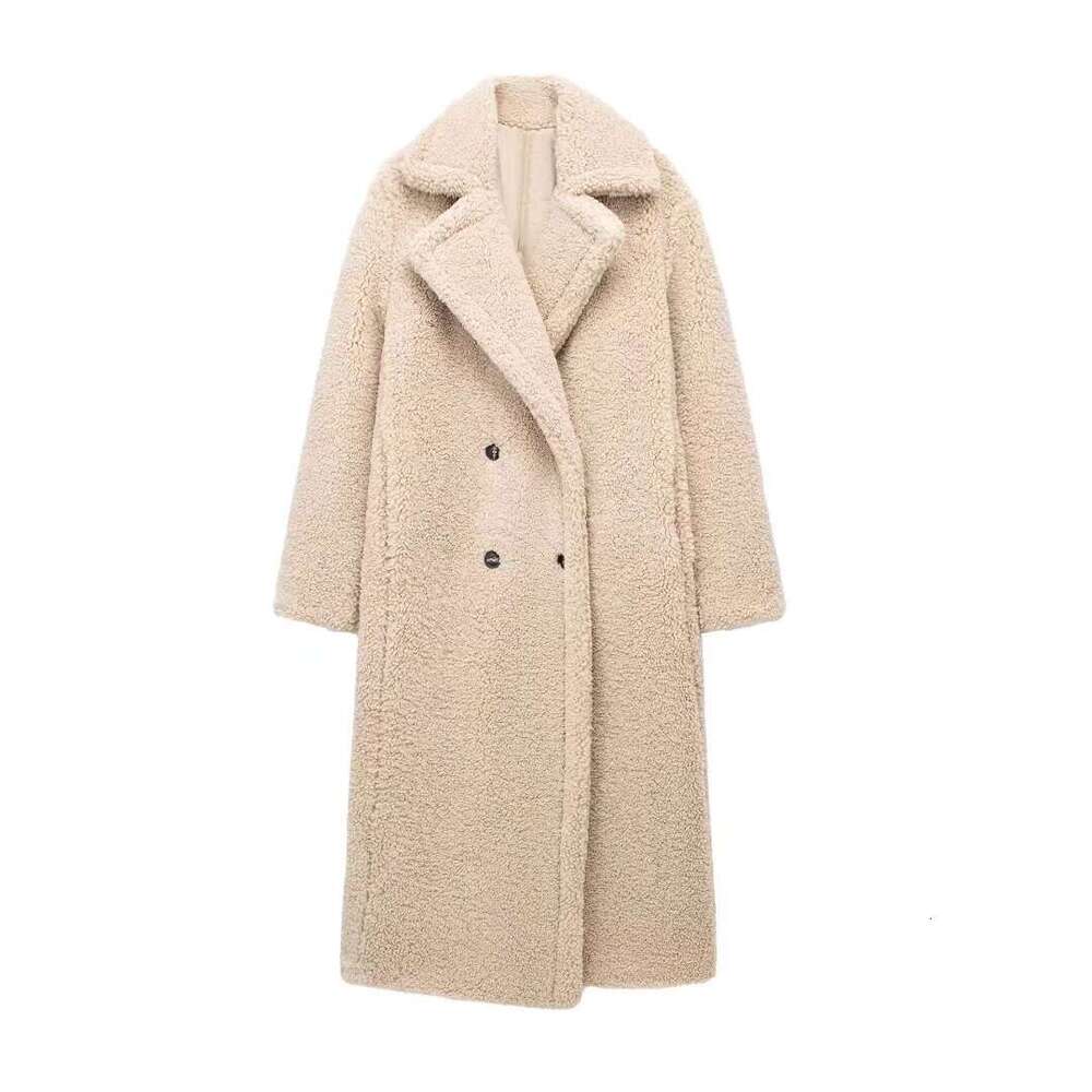 TRAFZA Women's INS Style Winter Warm Double-Breasted Long Shearling Coat B5
