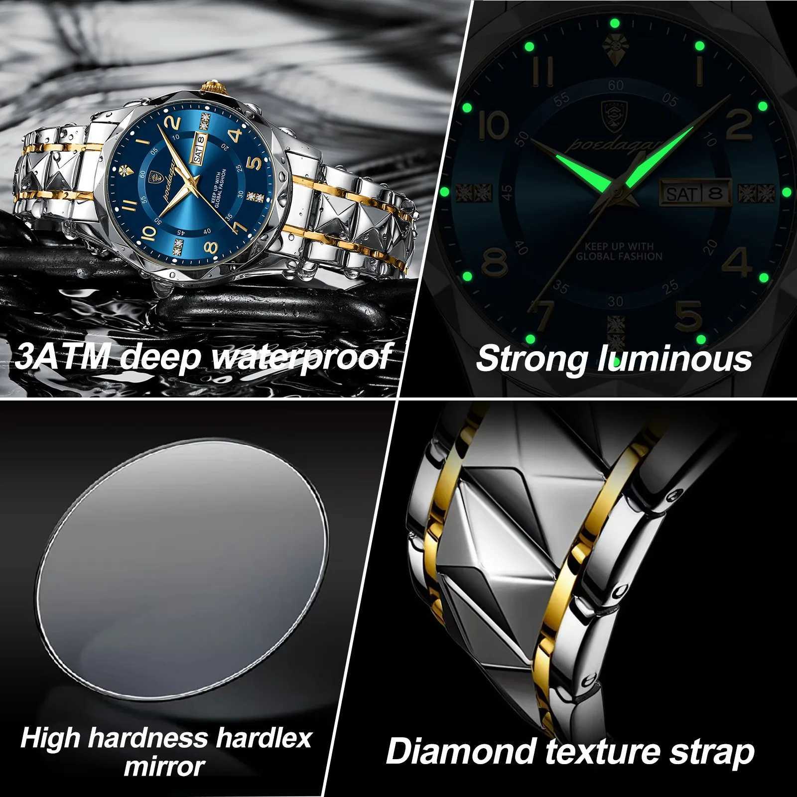 POEDAGAR Luxury Fashion Men Quartz Watch Waterproof Date Week Luminous Wristwatch Stainless Steel Mens Watches Sport Male Watch W250724