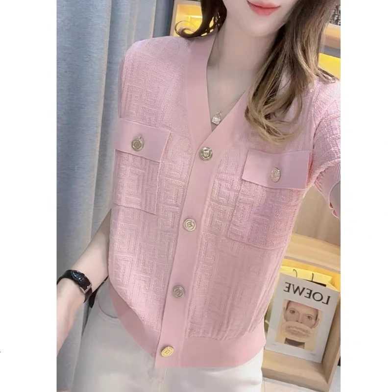 Stylish V-neck Sweater Cardigan Women Summer Jacquard Knit Single-breasted Short Sleeve Tops Knitwear Elegant Fashion Chic Jumpsuit X250724