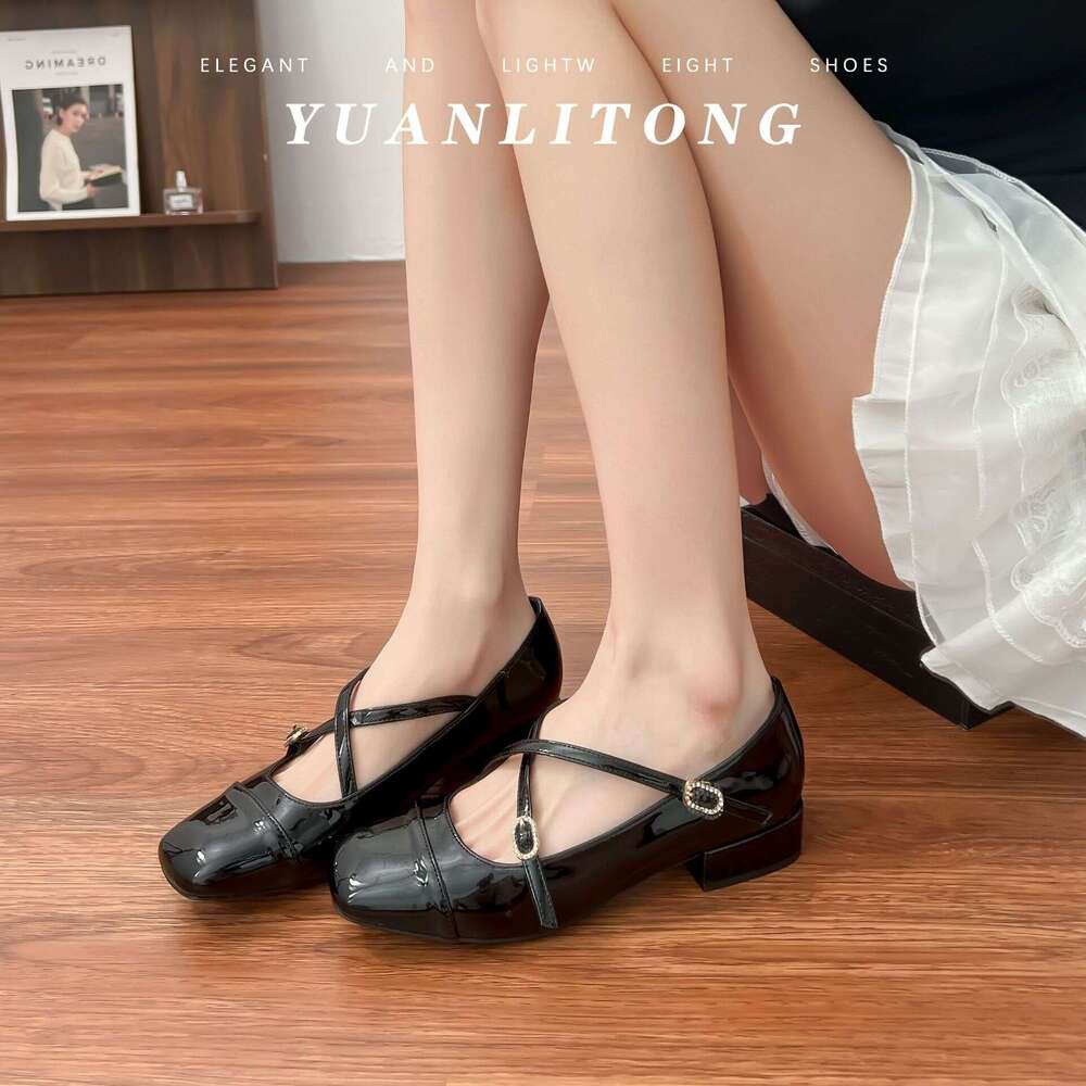 2025 Spring New French Style Shallow Mouth Single for Women, Chunky Heel, Comfortable Cross Strap, Round Toe Mary Jane Shoes