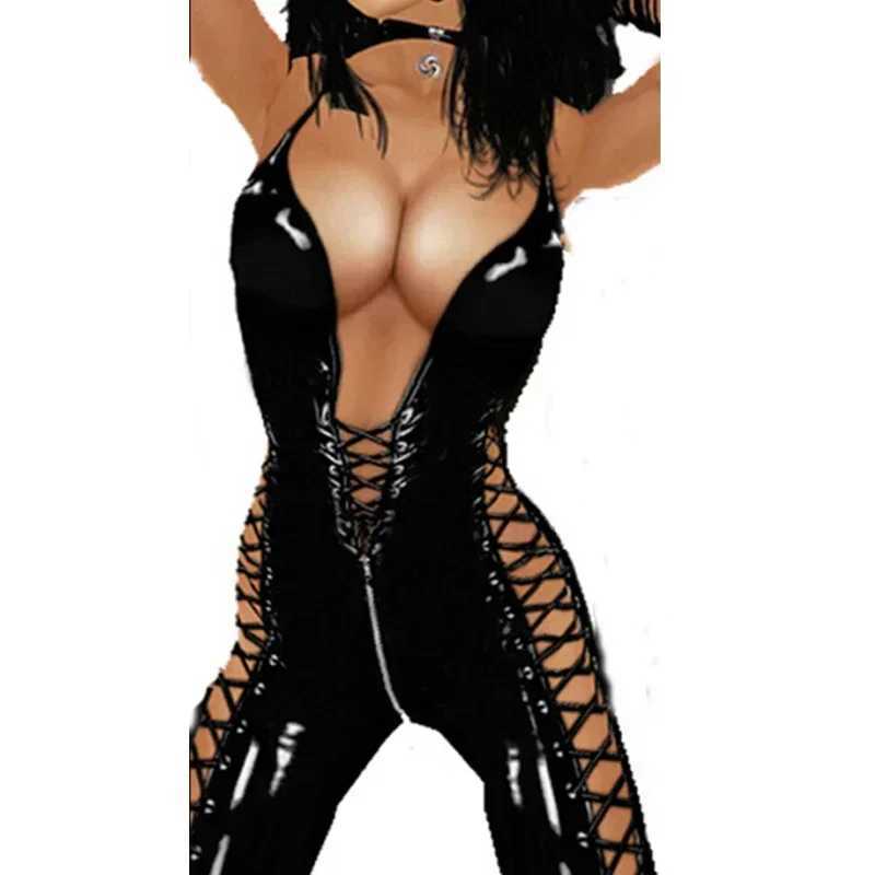 Women Sexy Costume PU Leather Ladies Open Crotch Latex Lace-up Bodysuit Catsuit Erotic Lingerie Front To Back Lace-up Clubwear W250724