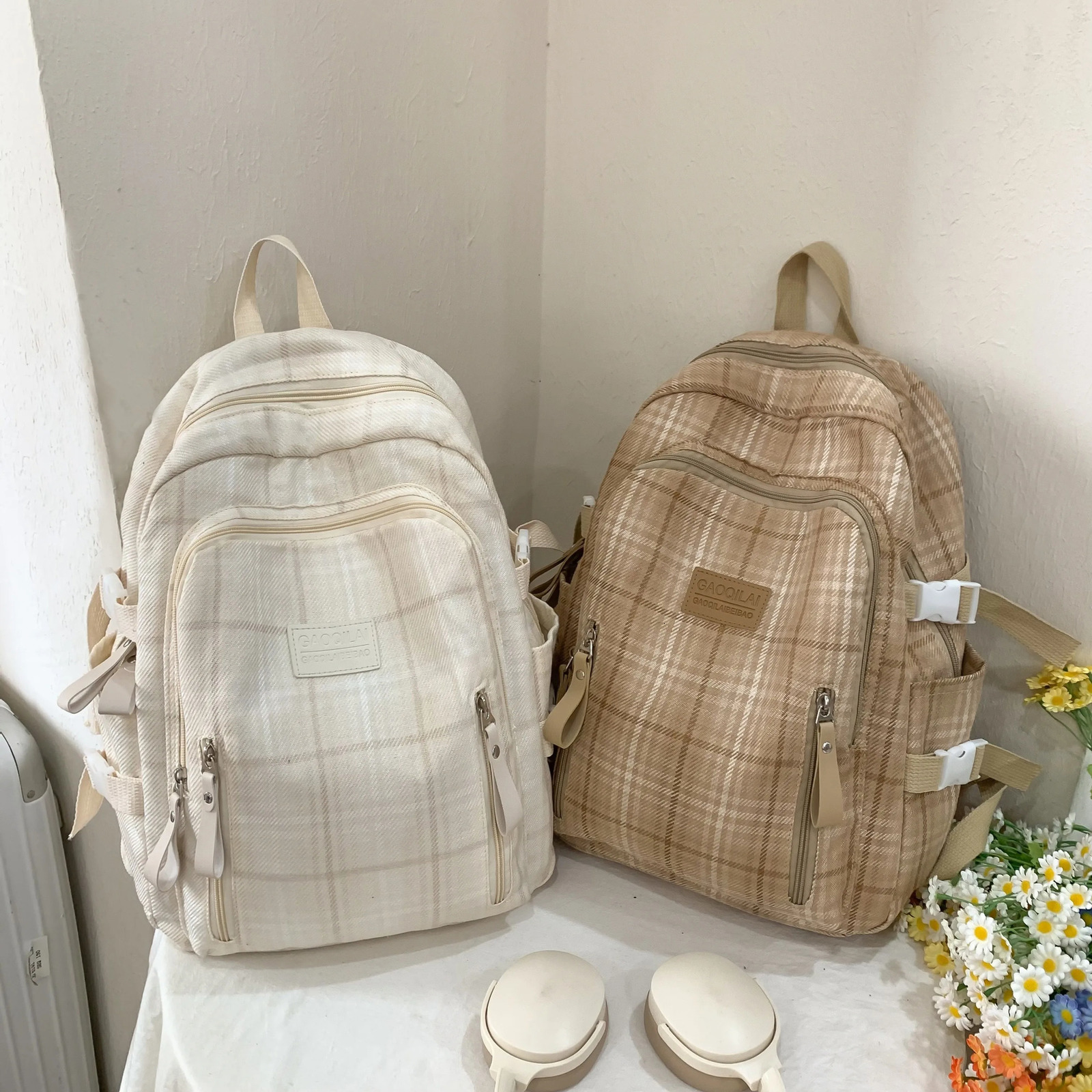 Casual Backpack Trendy Cotton and Linen Checkered School Bag GoodLookingL argeCapacityLi ghtweightBa ckpackfo rJu niorHi ghSc hoolan dCo llegeSt ude 2