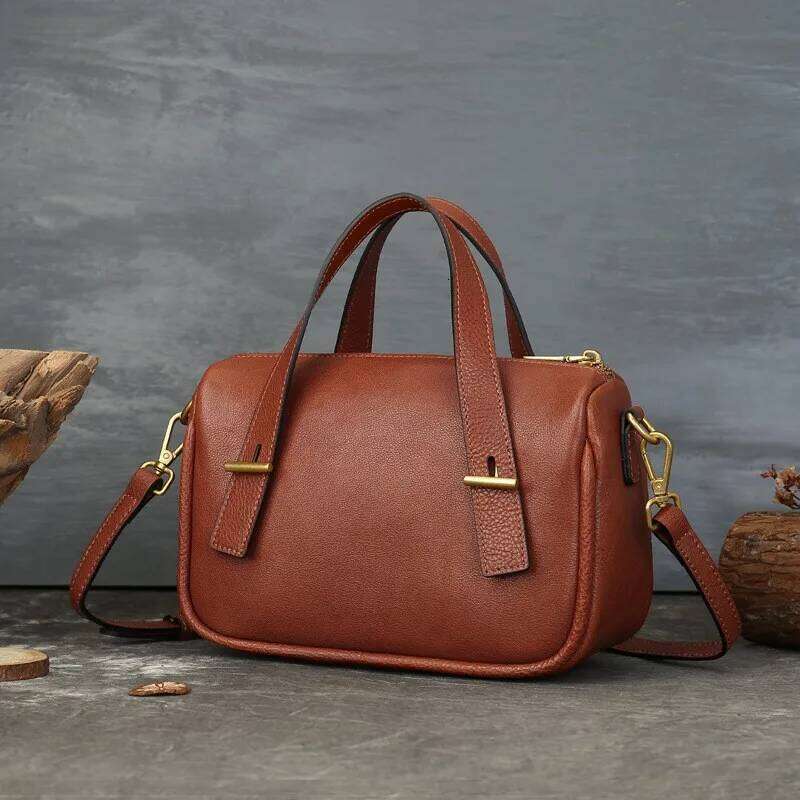 Johnature Genuine Leather Women's 2025 New Retro Large Capacity Boston Bag Commuting Versatile Handbag Shoulder Bags