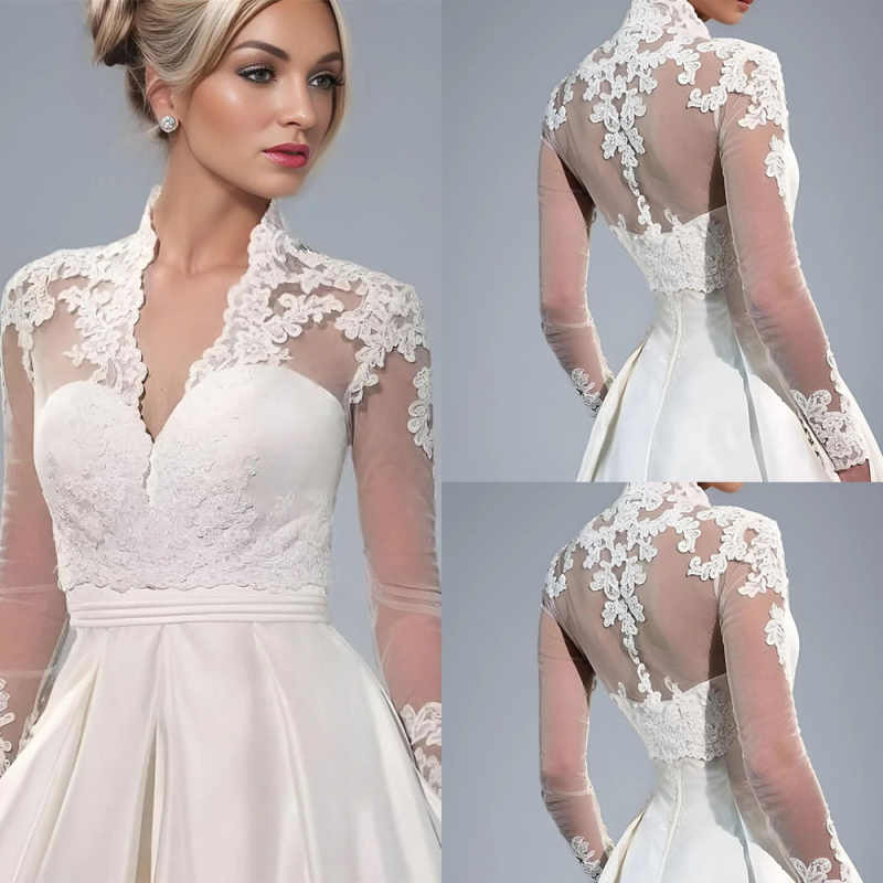 Elegant Wedding Wraps Jackets Customized Lace Applique V Neck Long Sleeve Bridal Shawls Custom Made Accessories Jacket