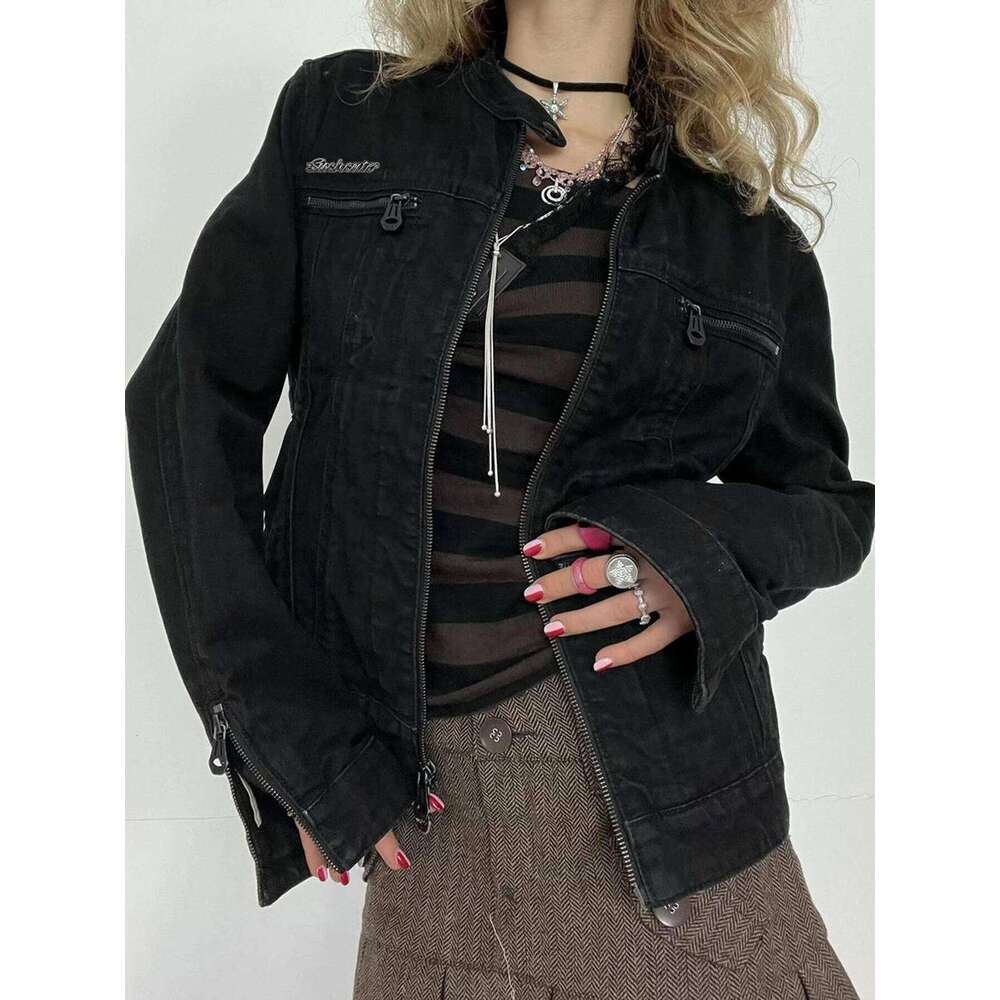 Designer Niche Rockmore Streetwear Double Zip Denim Jacket Solid Casual Vintage Long Sleeve Haruku Cargo Style Women's Jacket