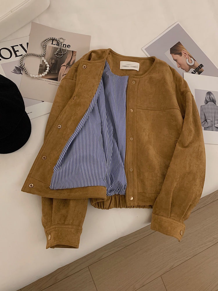 Vintage Suede Women's jacket Loose Short Coat O Neck Casual Jacket For Women autumn outwear korean Woman clothing ddmymarket