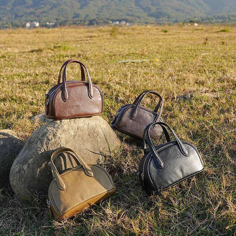 Vintage New Genuine Leather Women's Planttanned Cowhide Boston Bowling Bag, Niche One Cross Shoulder Handbag