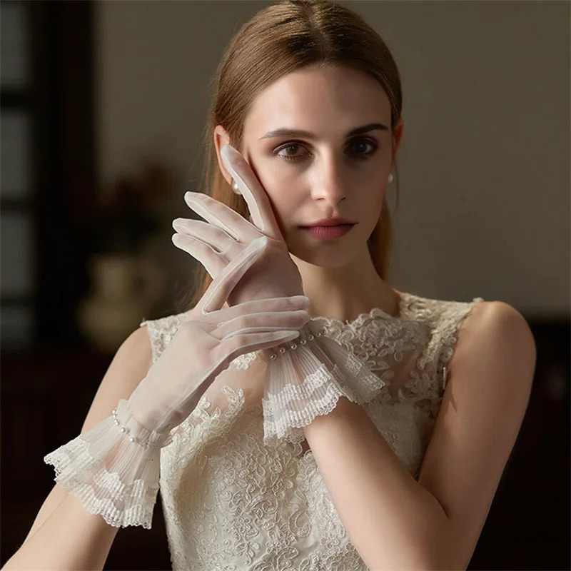 Elegant Lace Fingerless Gloves with Pearl Embellishments for Brides Proms and Special Occasions - Delicate Sheer Wrist Length 250722