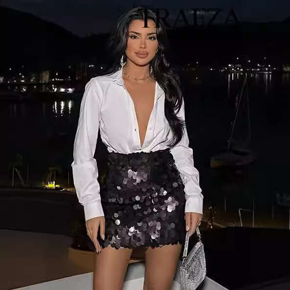 TRAFZA Winter New Style Sexy A-Line High Waist Bodycon Sequin Mini Skirt For Women B5