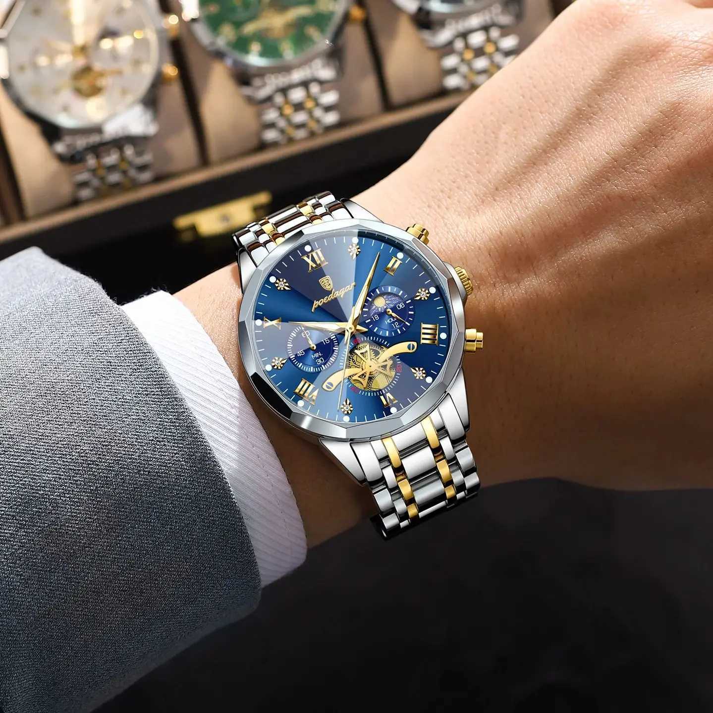 POEDAGAR Luxury Men Watch Top Original Waterproof Luminous Chronograph Mens Wristwatch Stainless Steel Quartz Mens Watches Reloj W250724