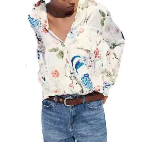 TRAFZA Summer New Women's Fresh And Elegant Turn-Down Collar Floral Long Sleeve Shirt B5