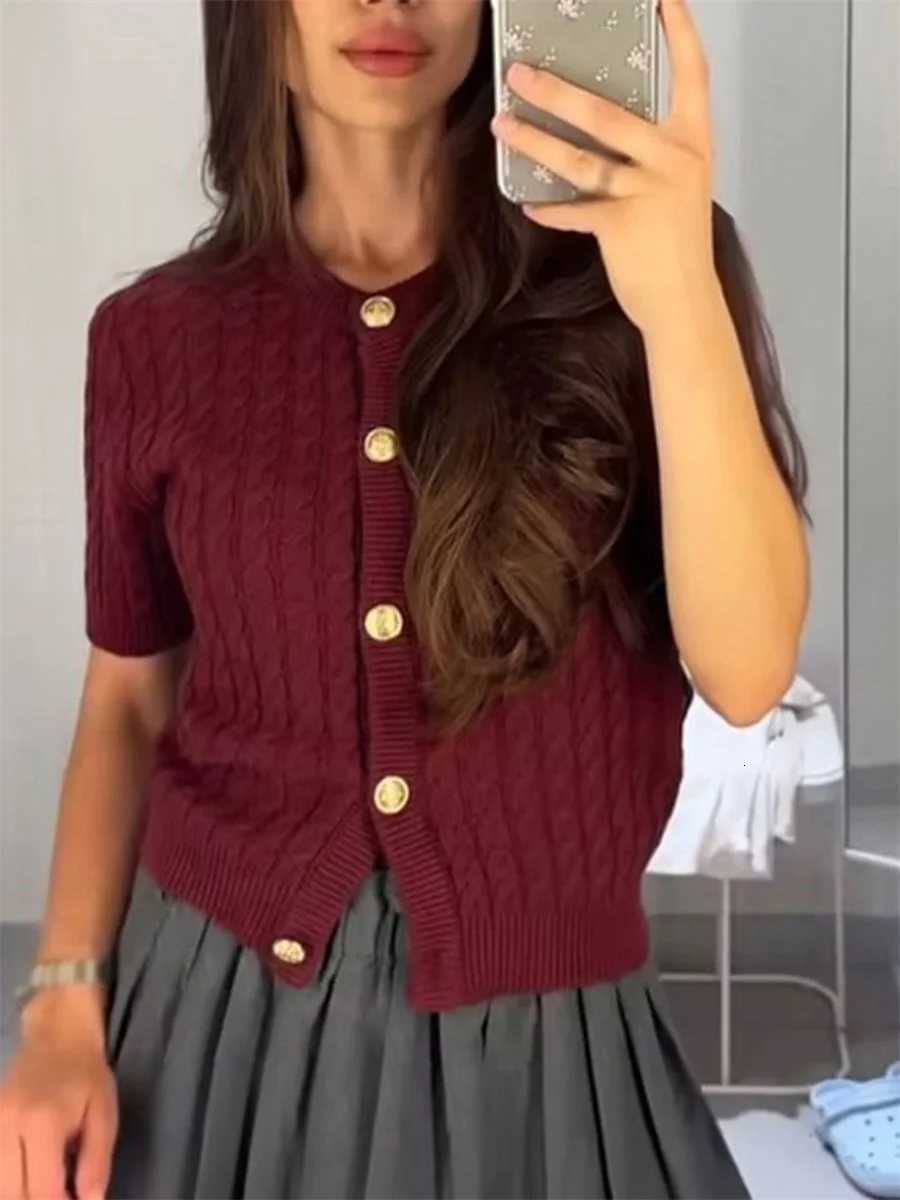 Womens Cable Knit Cardigan Solid Color Round Neck Short Sleeve Button-front Closure Crop Sweaters X250724