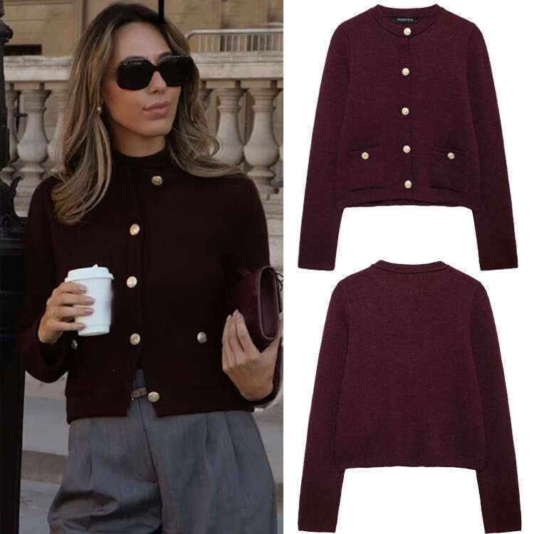 TRAFZA Autumn New Style Gold Button Short Knitted Cardigan Jacket B5