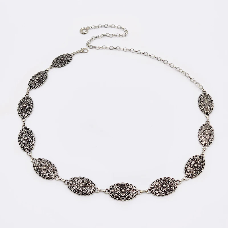 Vintage Female Waist Chain Belt Punk cowgirl carving Floral Metal Belts For Women Silver Waistband for summer Skirt Jean 250722