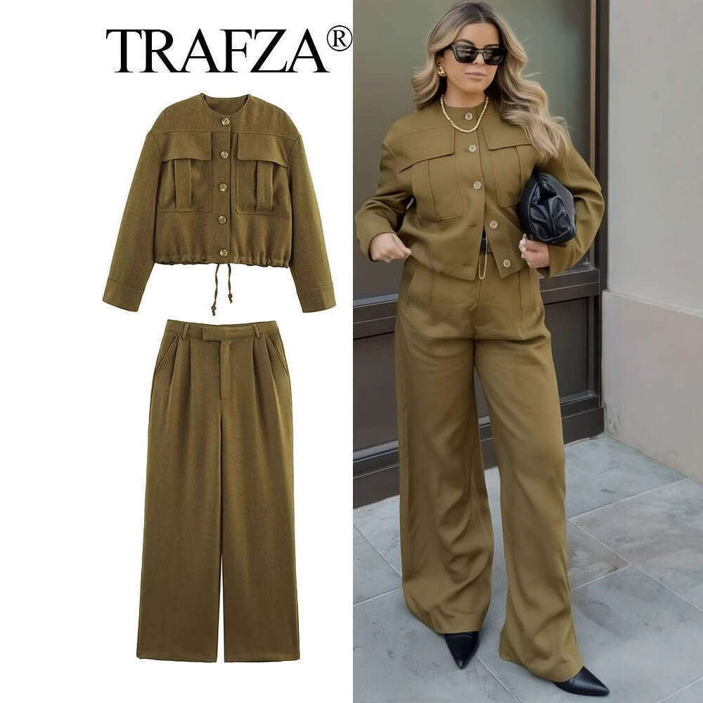 TRAFZA Women's Spring New Style Three-Dimensional Pocket Decor Pilot Jacket High-Waisted Straight-Leg Pants Set B5