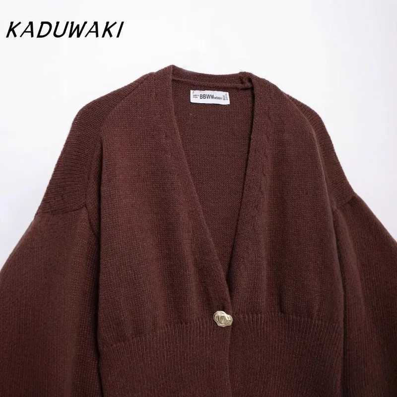 KADUWAKI European Classic V-neck Long-sleeved Brown-red Cardigan Fashion Retro One-button Versatile Knitted Sweaters Womens Short Sleeve Knit X250724