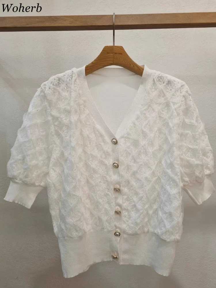 Summer V Neck Single Breasted Swt Cardigan Womens Clothing Lace Patchwork Fashion Sweater Korean All Match Short Sleeve Tops X250724