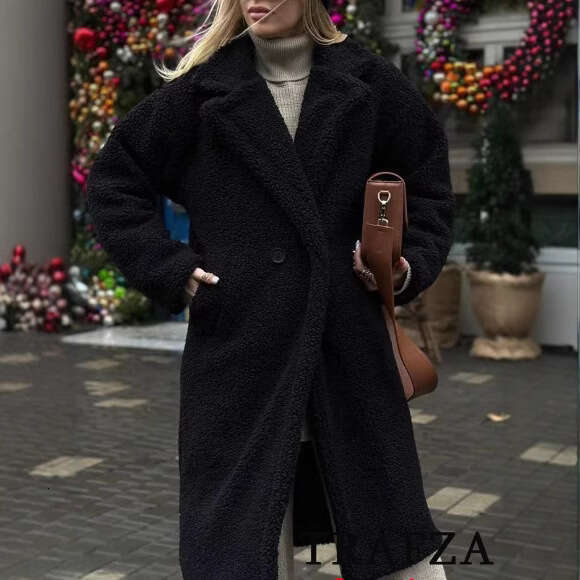 TRAFZA Women's INS Style Winter Warm Double-Breasted Long Shearling Coat B5