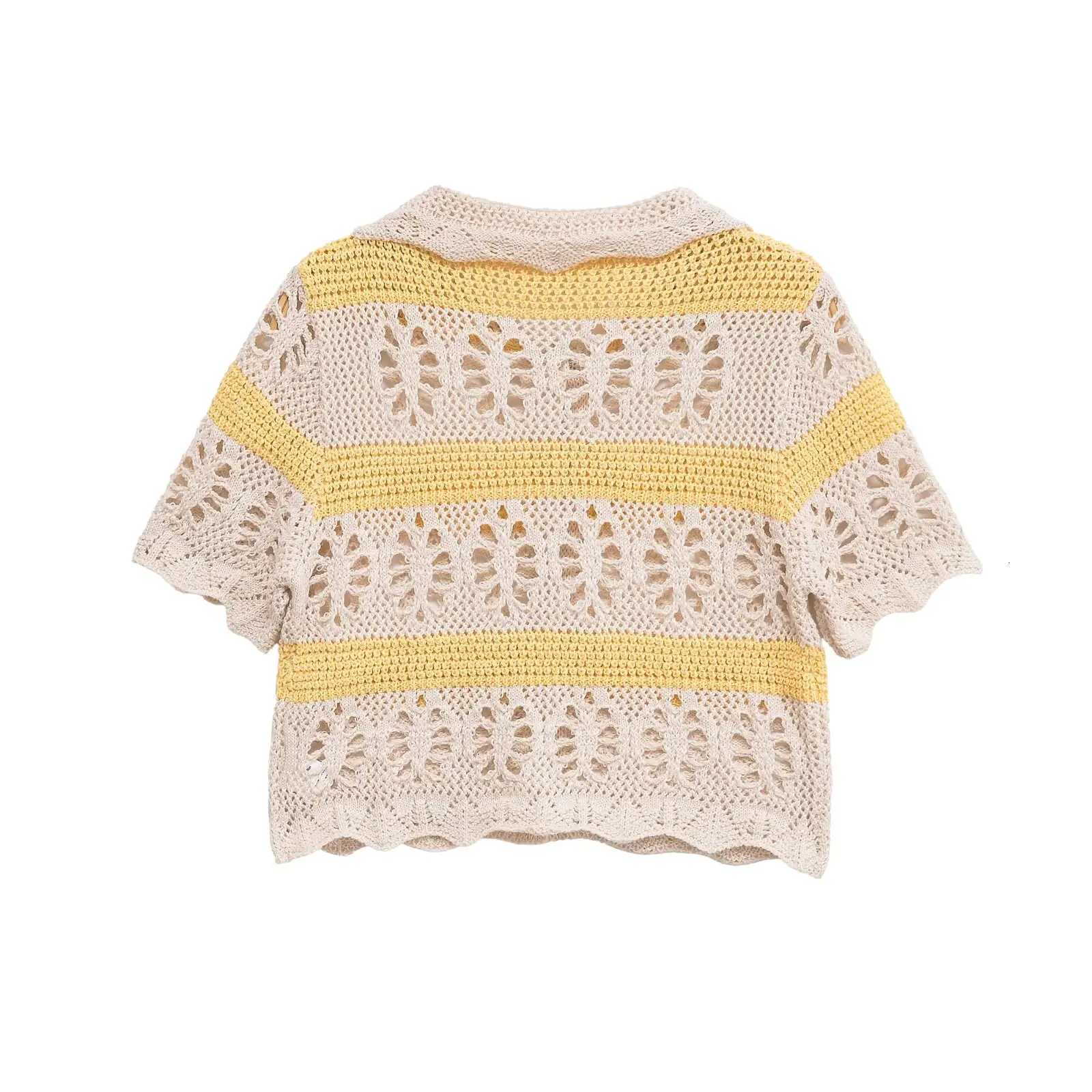 2025 Womens Summer New Jacquard Hollow Out Decorated Casual Elegant Lapel Short Sleeve Striped Knit Cardigan X250724