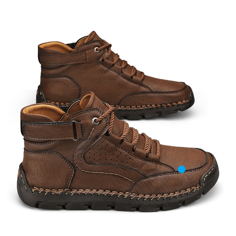 Plus Size Leather Men's Fashion Hand-stitched Ankle Boots Flat Lace-up Casual Shoes