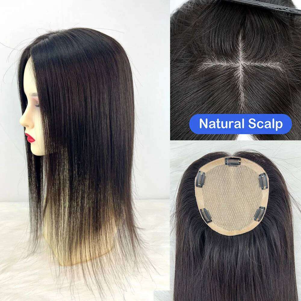 Breathable Base Human Topper for Women Natural Scalp Silk Top Hand Tied Straight Remy Hair Piece with Clips in