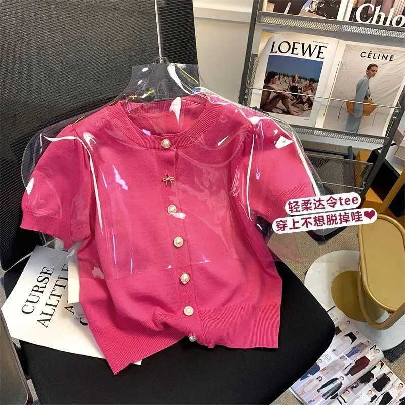 Female Casual Korean Puff Sleeve Knitting Cardigan Summer Temperament Buttons Solid Color O-neck Top Womens Simplicity Tops X250724