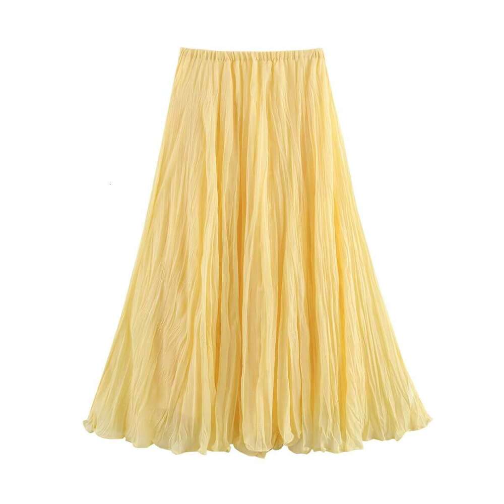New Summer Women's Mid-Length Casual Vacation Yellow Pleated Skirt B5