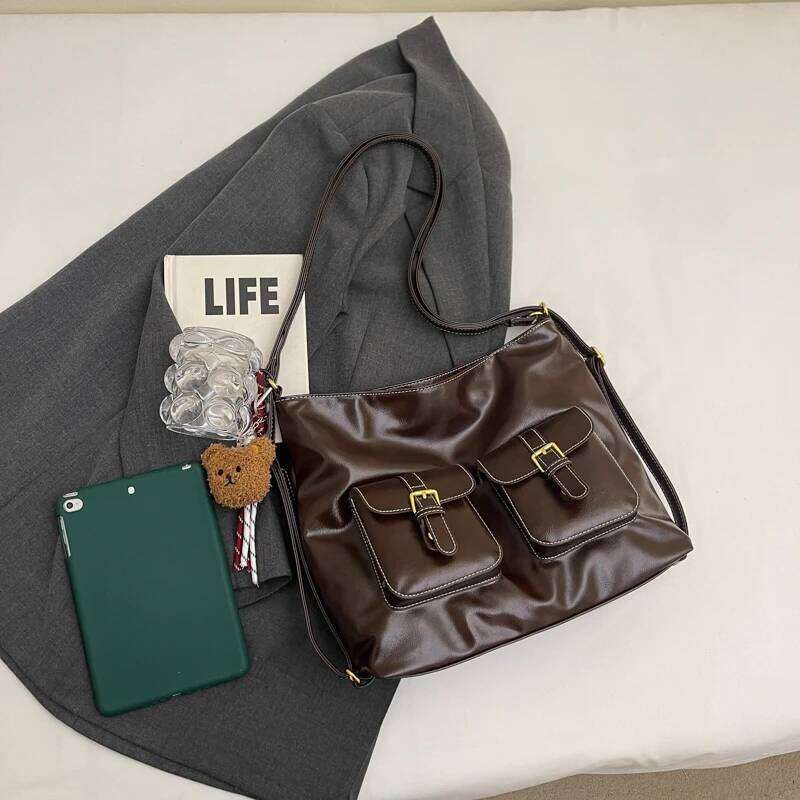 New Retro Trendy Versatile Large Capacity Multi Pocket PU Leather Single Shoulder Crossbody Bag Simple Casual Armpit Bags MDNG