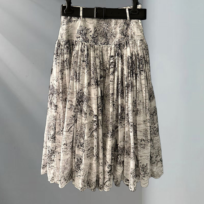 Ladies Printed A-Line Skirt Classic Designer High Waist Pleated Skirt Y2K Floral Print Luxury Resort Wear S0751