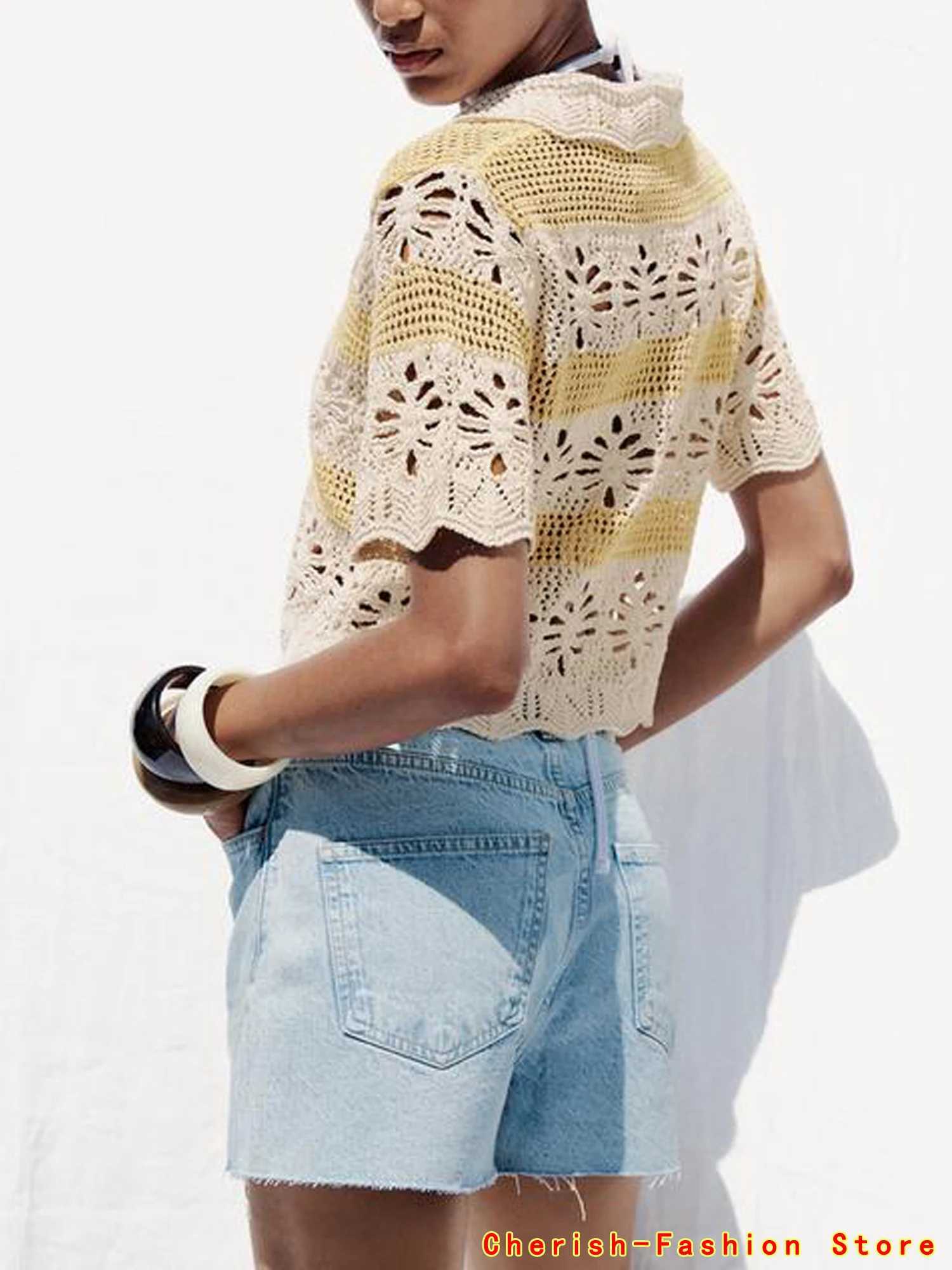 Embroidery Hollow Out Blouse Top Short Sleeve Cardigan Women Summer Boho Vacation Outfit Knit Cardigan Contrast Color Lapel Hot X250724
