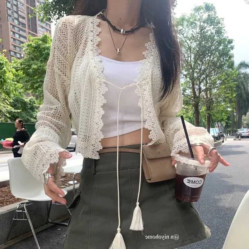 Lace Knit Hollow Out Cardigan Women Thin Long Sleeve Sunproof Cropped Top Summer Solid Vintage Crochet Sweater X250724