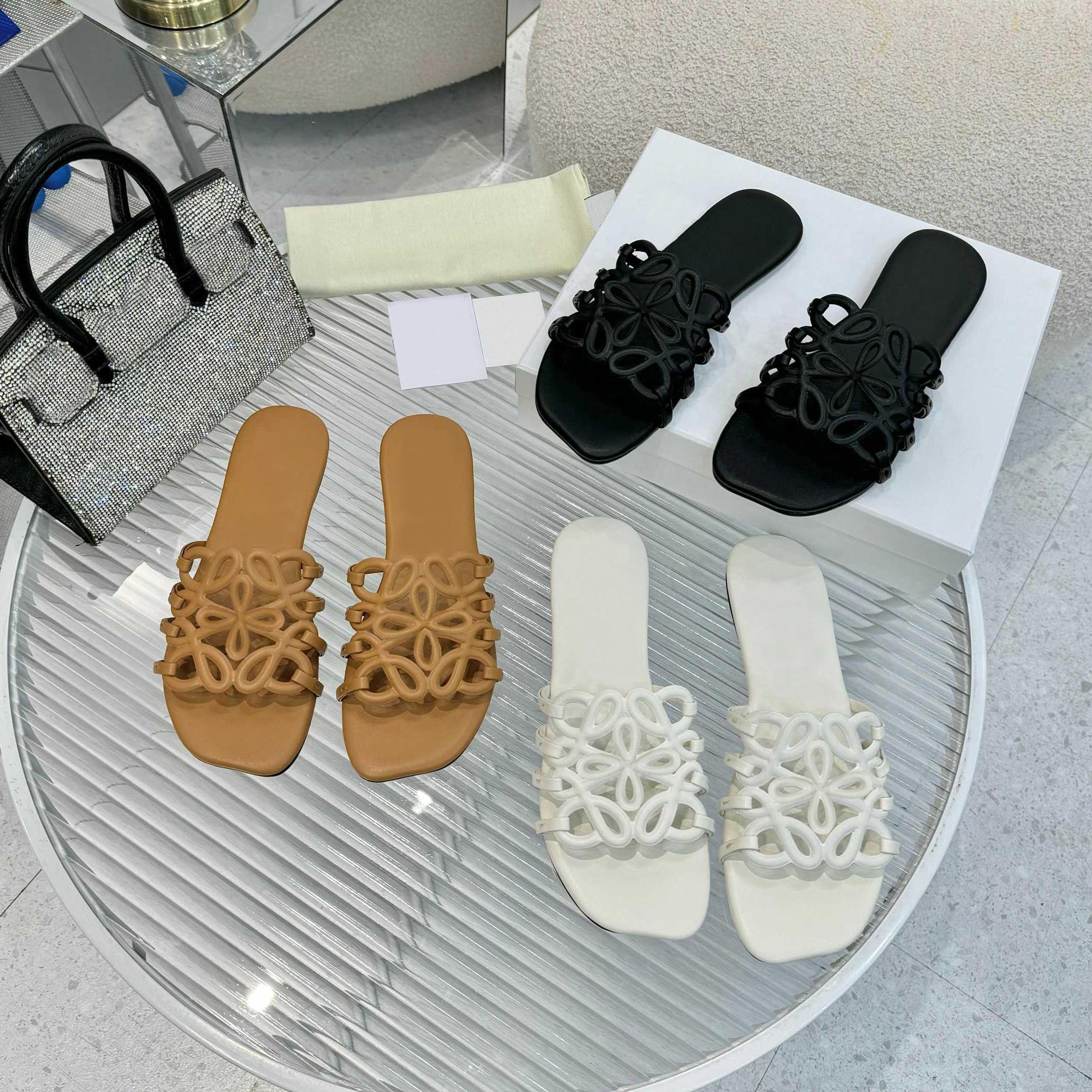Designer Classic Hollow out sandals Soft Leather sliders Summer fashion luxury flat bottom anti slip slippers, featuring embossed Petal style
